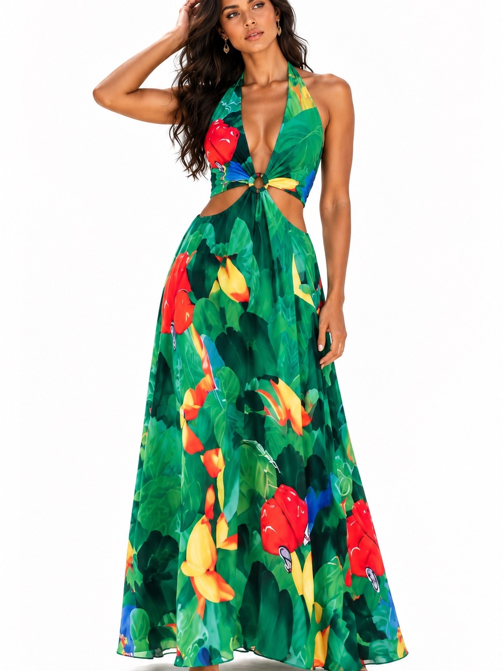 Tropical Halter Maxi Dress Green Floral Bird Print Cutout Open Back Summer